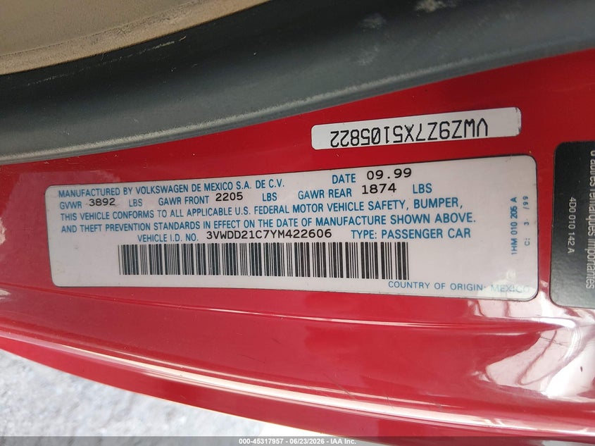 2000 Volkswagen New Beetle Glx VIN: 3VWDD21C7YM422606 Lot: 45317957
