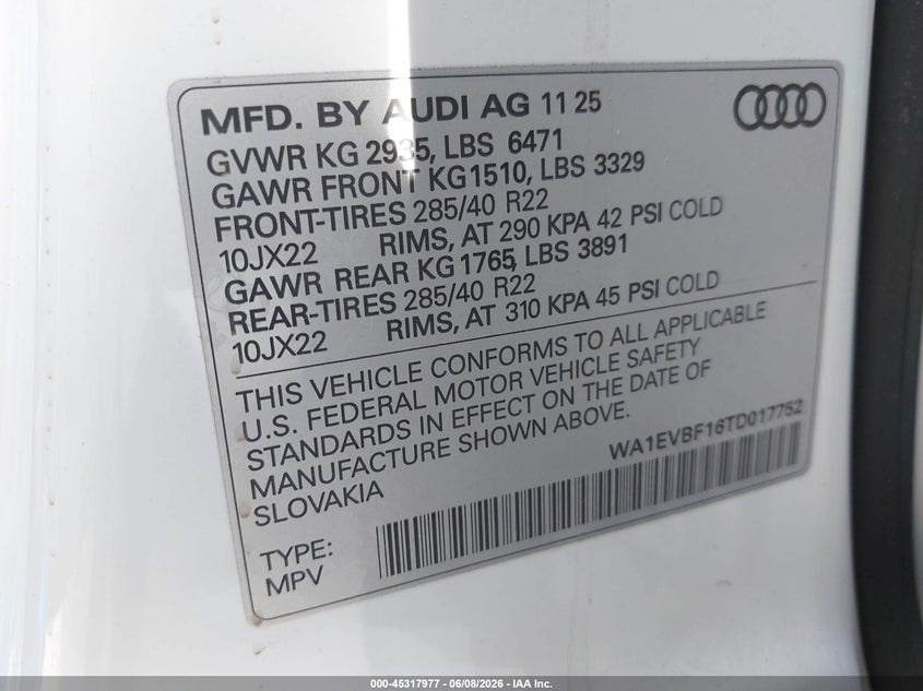 2026 Audi Q8 Premium Plus 55 Tfsi Quattro Tiptronic VIN: WA1EVBF16TD017752 Lot: 45317977