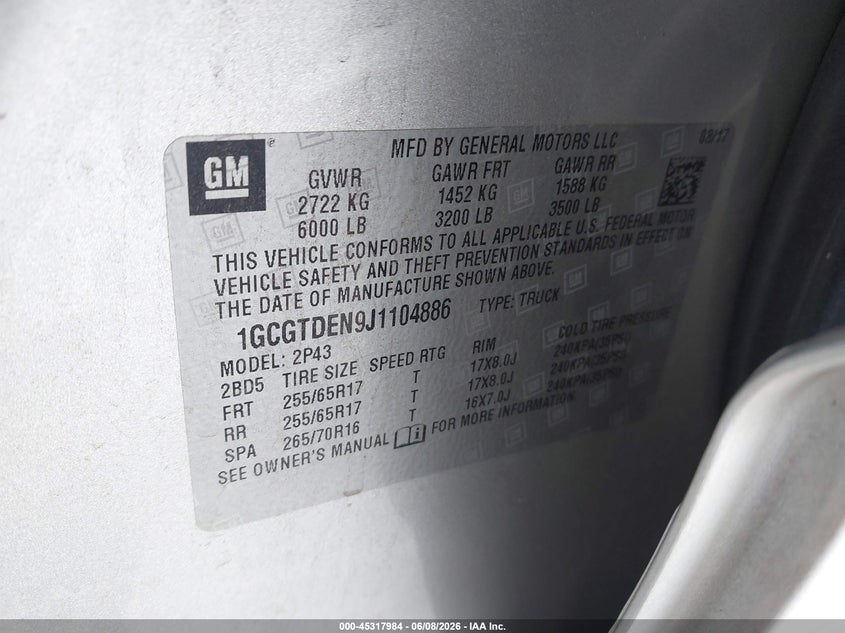 VIN 1GCGTDEN9J1104886 2018 CHEVROLET COLORADO Z71