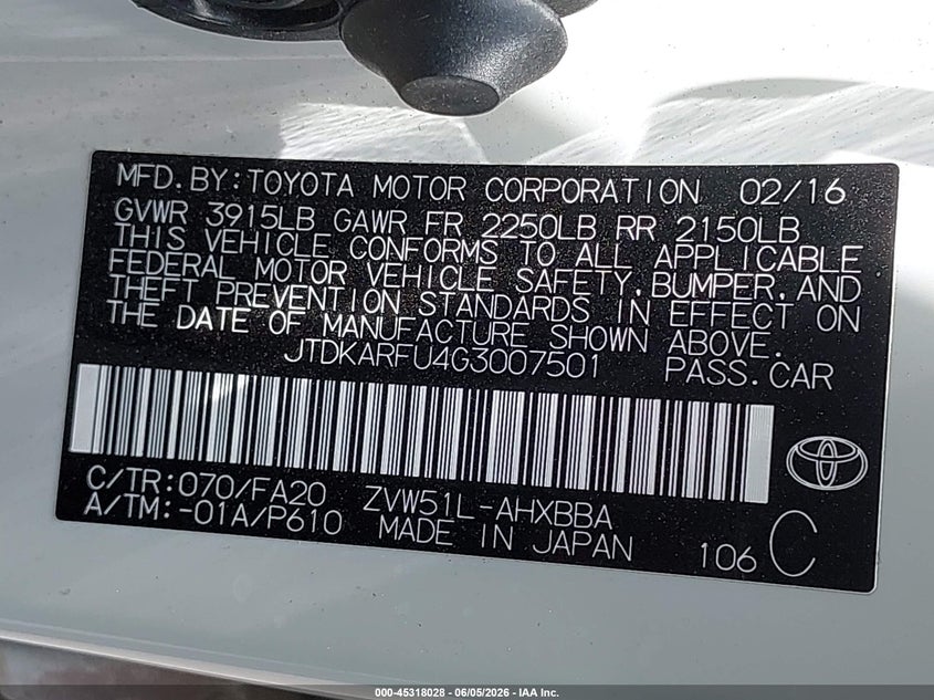 2016 Toyota Prius Two Eco VIN: JTDKARFU4G3007501 Lot: 45318028