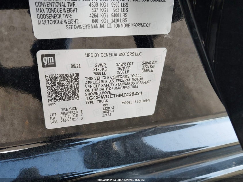 VIN 1GCPWDET6MZ438434 2021 CHEVROLET SILVERADO 1500 2WD  SHORT BED RST