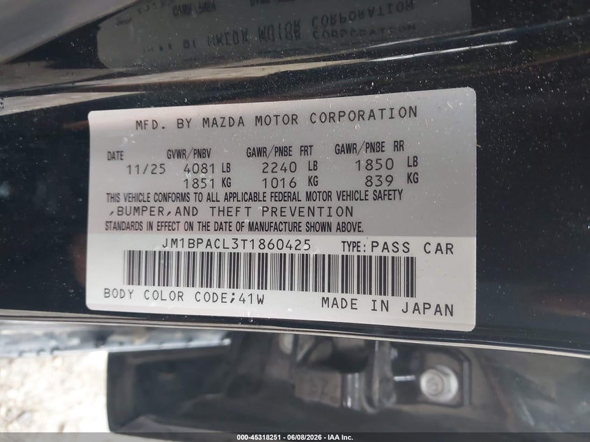 2026 MAZDA MAZDA3 2.5L I-4 DI, DOHC, V(VIN: JM1BPACL3T1860425