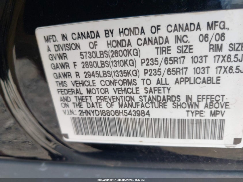 2006 Acura Mdx VIN: 2HNYD18806H543984 Lot: 45318287