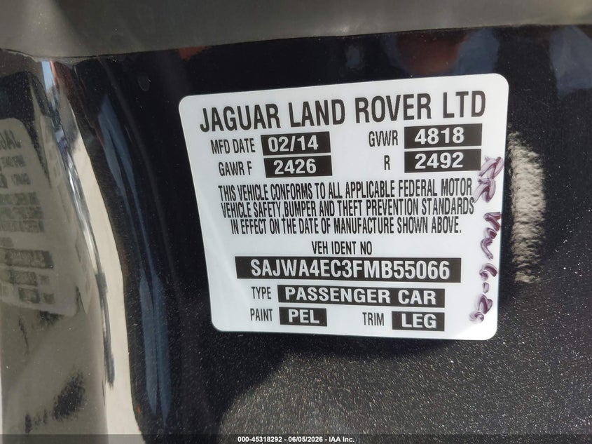 2015 Jaguar Xk Xkr VIN: SAJWA4EC3FMB55066 Lot: 45318292