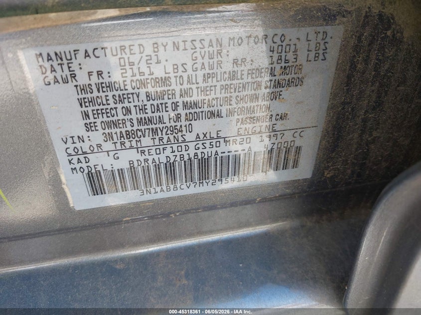 2021 Nissan Sentra Sv Xtronic Cvt VIN: 3N1AB8CV7MY295410 Lot: 45318361