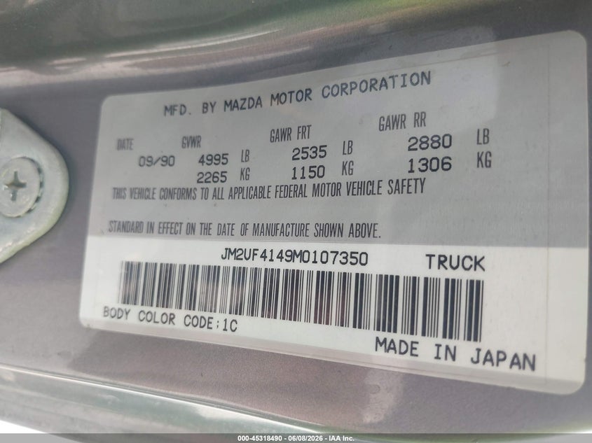 1991 Mazda B2600 Short Body VIN: JM2UF4149M0107350 Lot: 45318490