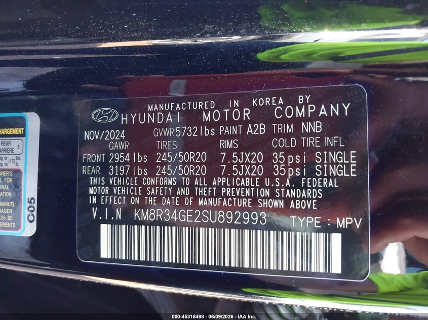 2025 HYUNDAI PALISADE 3.8L V-6 DI, DOHC, V(VIN: KM8R34GE2SU892993