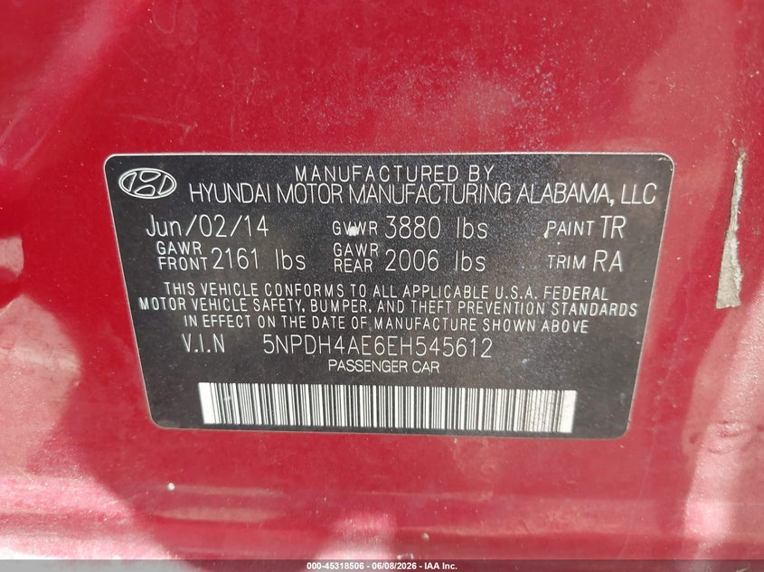 2014 Hyundai Elantra Se VIN: 5NPDH4AE6EH545612 Lot: 45318506