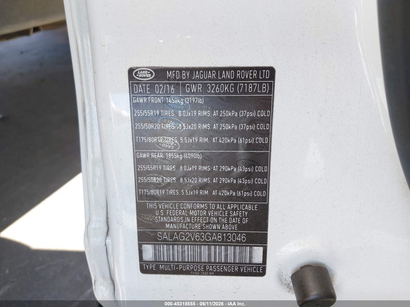 2016 Land Rover Lr4 VIN: SALAG2V63GA813046 Lot: 45318555