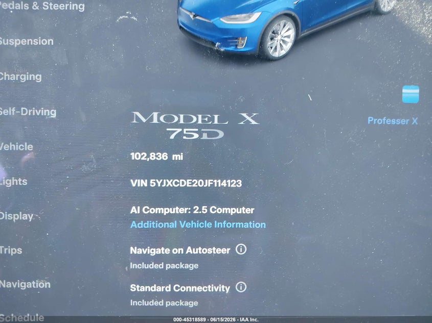 2018 Tesla Model X 100D/75D/P100D VIN: 5YJXCDE20JF114123 Lot: 45318589