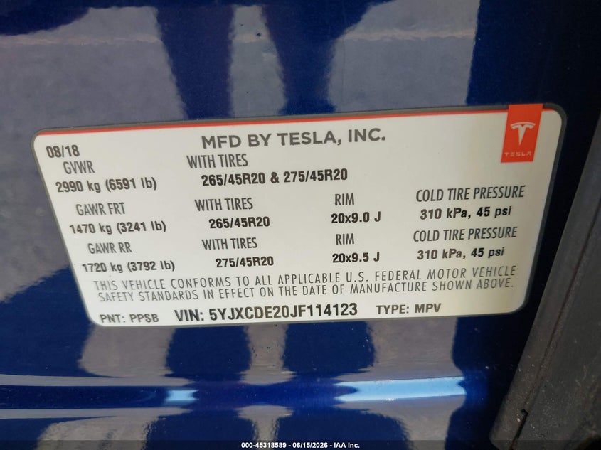 2018 Tesla Model X 100D/75D/P100D VIN: 5YJXCDE20JF114123 Lot: 45318589