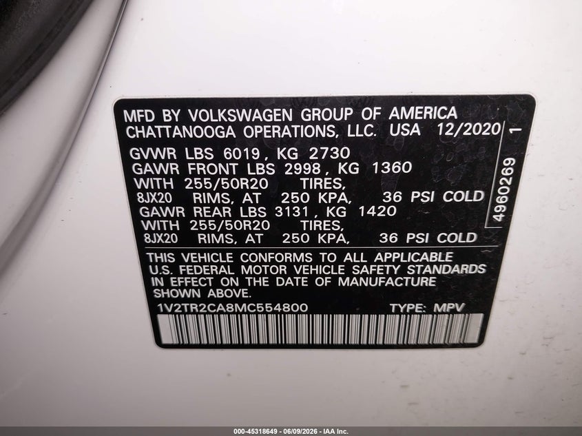 2021 Volkswagen Atlas 3.6L V6 Sel Premium VIN: 1V2TR2CA8MC554800 Lot: 45318649