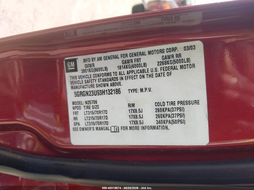 2003 Hummer H2 VIN: 5GRGN23U93H132186 Lot: 45318674