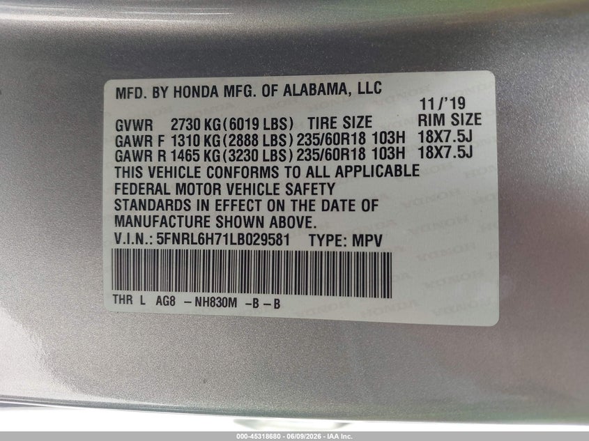 2020 Honda Odyssey Ex-L/Ex-L W/Navi Res VIN: 5FNRL6H71LB029581 Lot: 45318680
