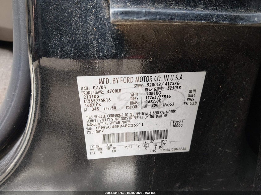 2004 Ford Excursion Eddie Bauer VIN: 1FMSU45P94EC36211 Lot: 45318769