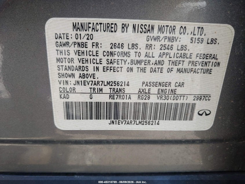 2020 Infiniti Q50 Luxe Awd VIN: JN1EV7AR7LM256214 Lot: 45318789