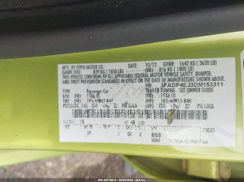 2013 Ford Fiesta Se VIN: 3FADP4EJ3DM153311 Lot: 45318810