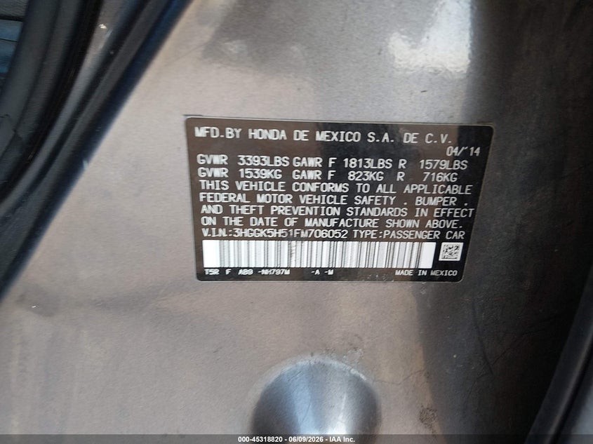 HONDA FIT 2015 VIN 3HGGK5H51FM706052