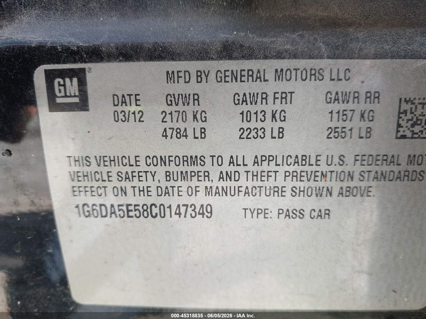 2012 Cadillac Cts 3.0 Cts Standard black Lot 111045318835 Vin 1G6DA5E58C0147349