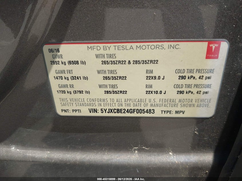 2016 Tesla Model X VIN: 5YJXCBE24GF005483 Lot: 45318899