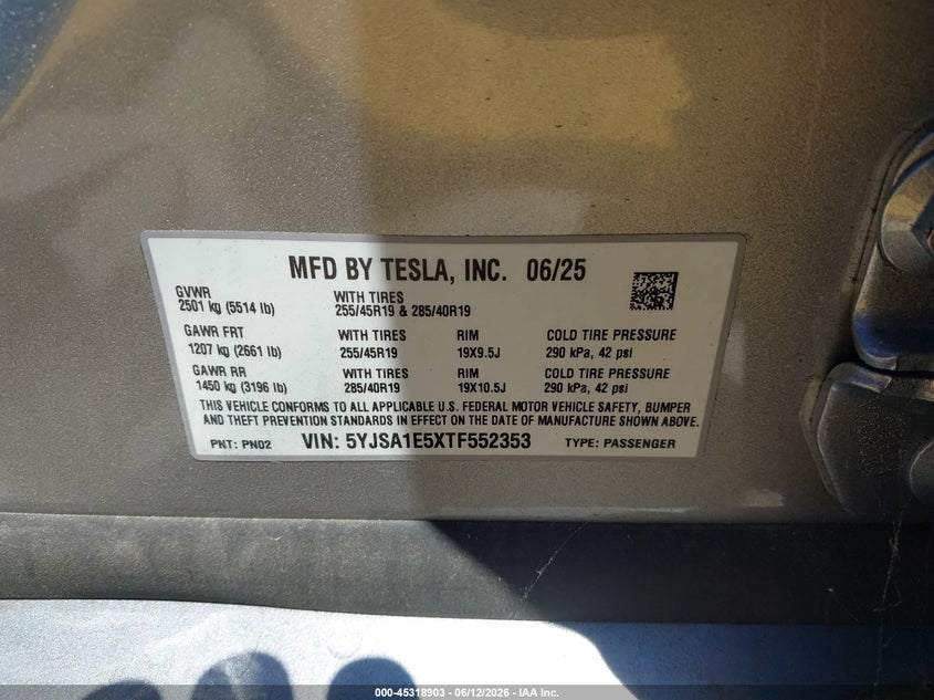 2026 Tesla Model S All-Wheel Drive VIN: 5YJSA1E5XTF552353 Lot: 45318903