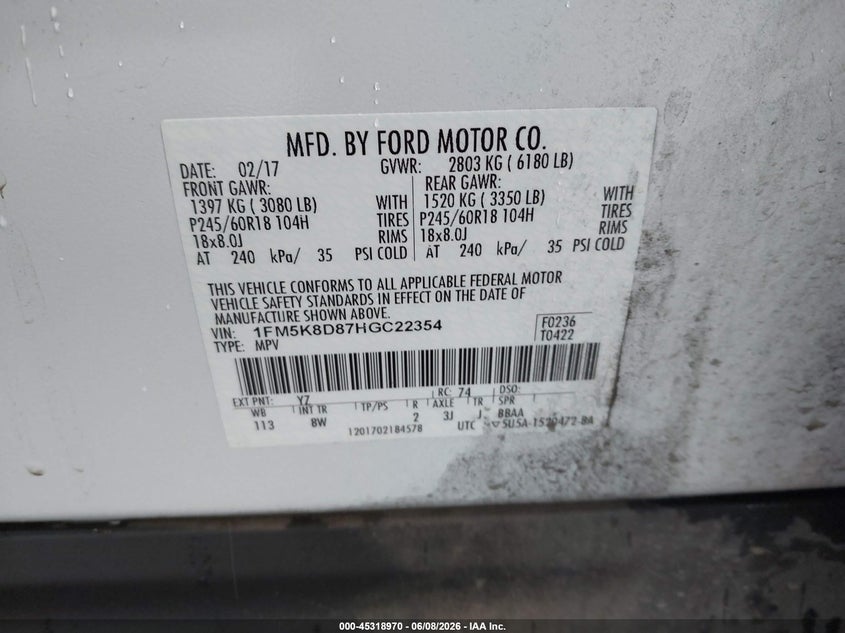 2017 Ford Explorer Xlt VIN: 1FM5K8D87HGC22354 Lot: 45318970