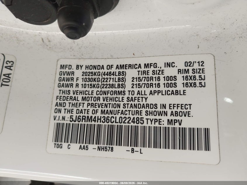 2012 Honda Cr-v 2.4 Cr-V Lx Unknown Lot 111045319004 Vin 5J6RM4H36CL022485