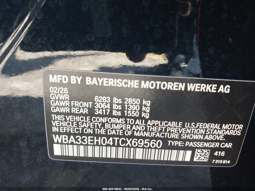 2026 BMW 740I 3.0L I-6 DI, DOHC, V(VIN: WBA33EH04TCX69560