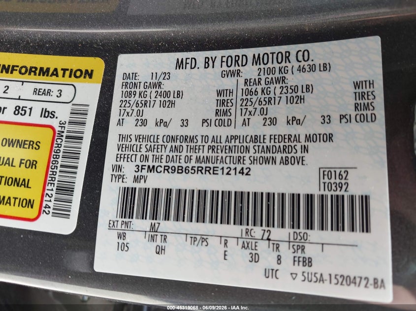 2024 Ford Bronco Sport Big Bend VIN: 3FMCR9B65RRE12142 Lot: 45319068