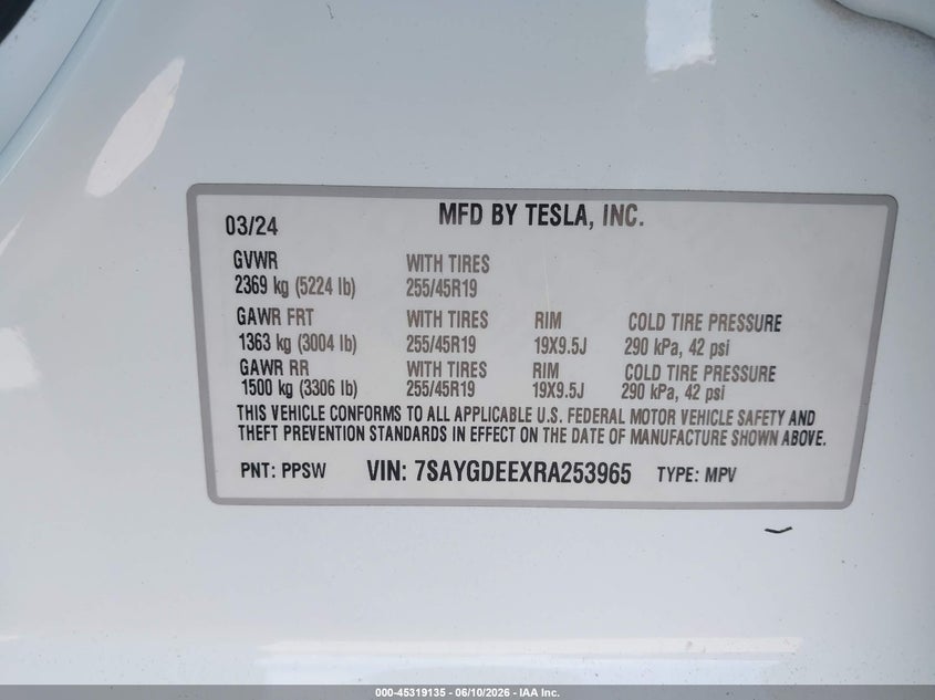 2024 Tesla Model Y Long Range Dual Motor All-Wheel Drive VIN: 7SAYGDEEXRA253965 Lot: 45319135
