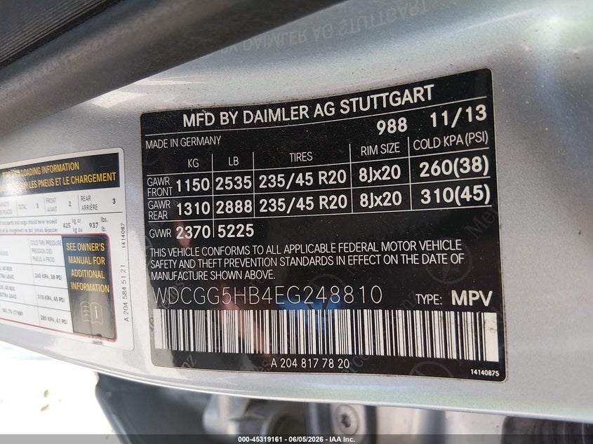 2014 Mercedes-Benz Glk 350 VIN: WDCGG5HB4EG248810 Lot: 45319161