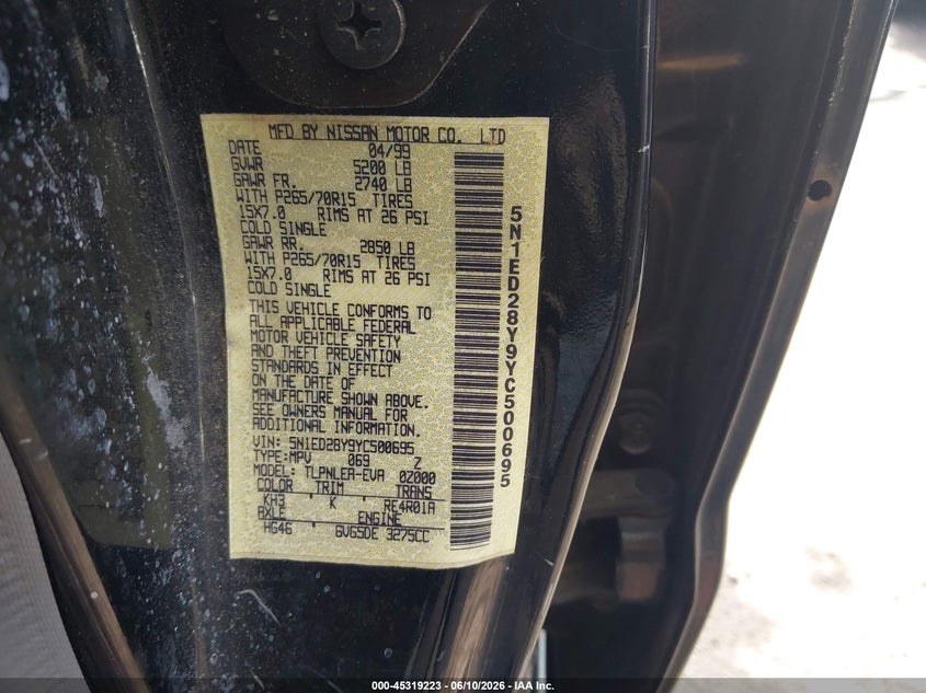 2000 Nissan Xterra Se/Xe VIN: 5N1ED28Y9YC500695 Lot: 45319223