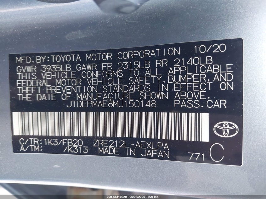 2021 TOYOTA COROLLA 1.8L I-4 DOHC, VVT, (VIN: JTDEPMAE8MJ150148