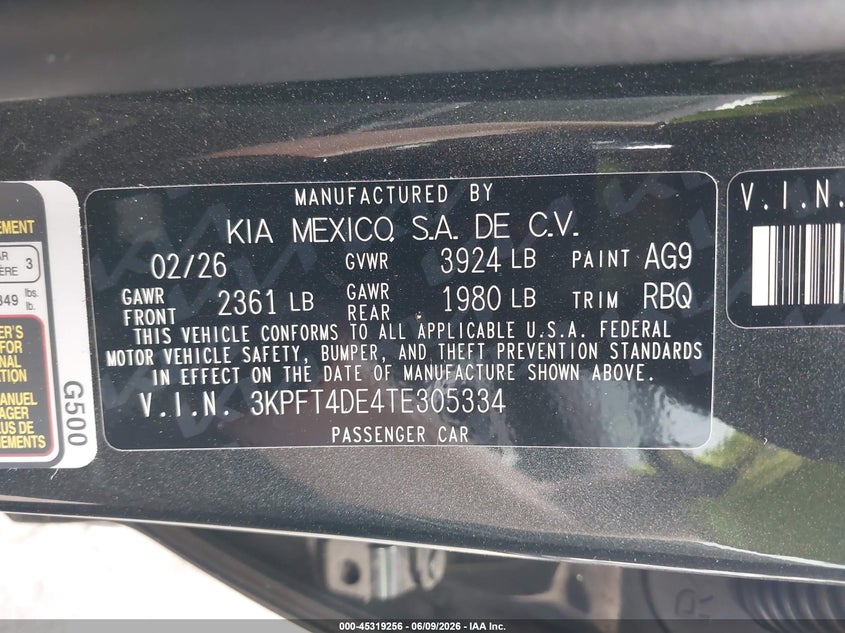 2026 Kia K4 Lxs VIN: 3KPFT4DE4TE305334 Lot: 45319256