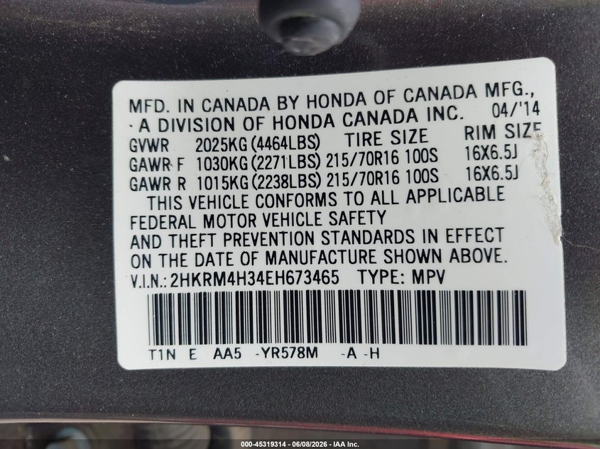 2014 Honda Cr-V Lx VIN: 2HKRM4H34EH673465 Lot: 45319314