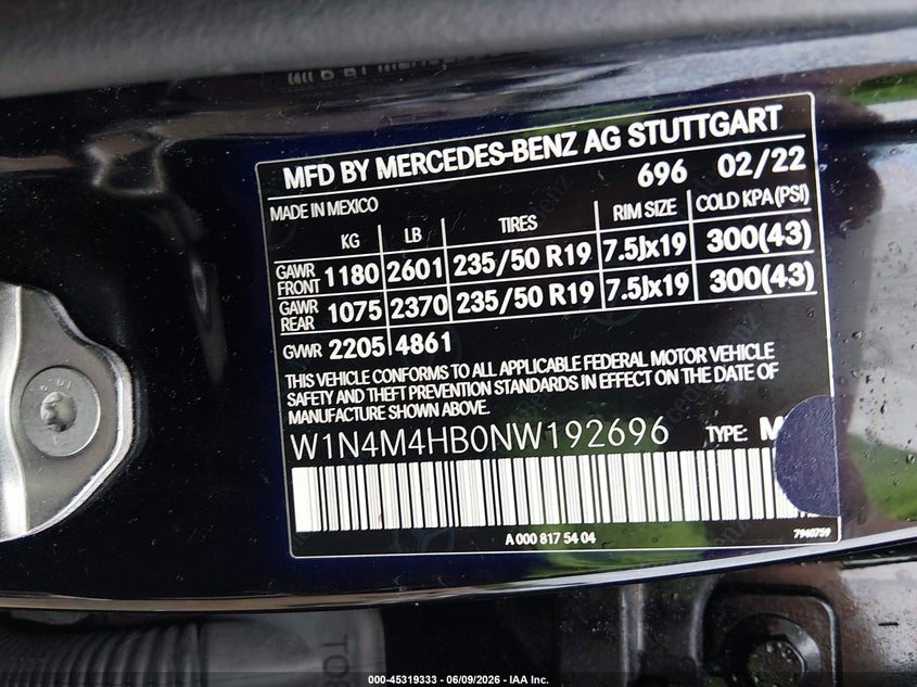 2022 Mercedes-Benz Glb 250 4Matic VIN: W1N4M4HB0NW192696 Lot: 45319333