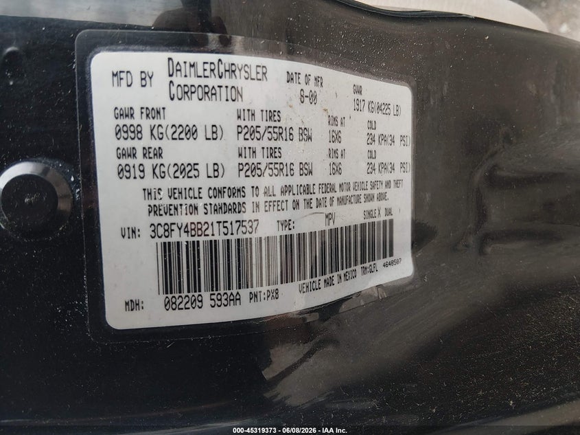2001 Chrysler Pt Cruiser VIN: 3C8FY4BB21T517537 Lot: 45319373