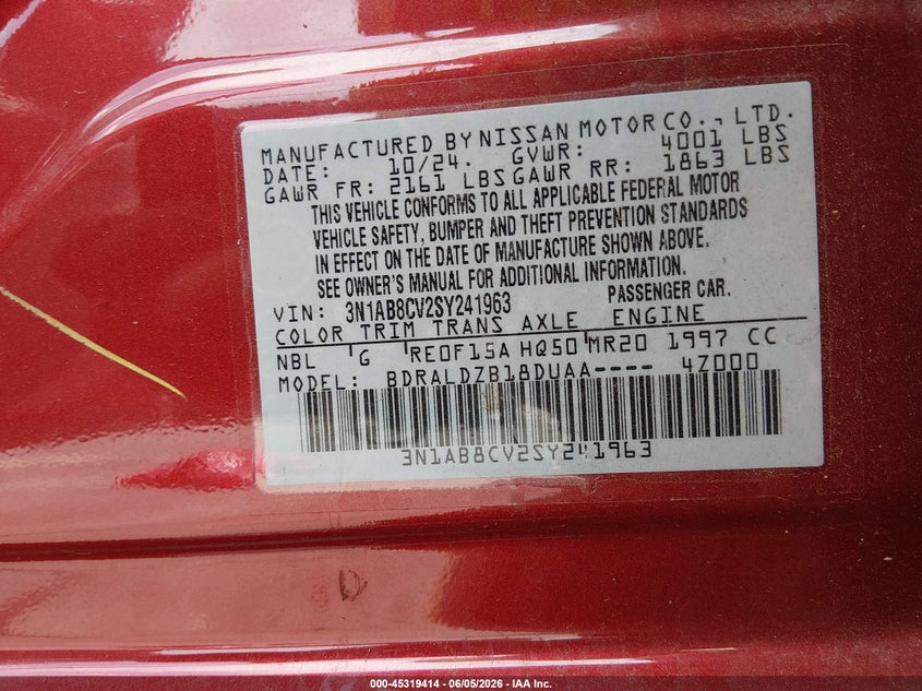 2025 NISSAN SENTRA 2.0L I-4 DI, DOHC, V(VIN: 3N1AB8CV2SY241963