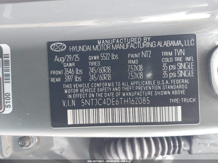 2026 Hyundai Santa Cruz Sel Activity VIN: 5NTJC4DE6TH162085 Lot: 45319431