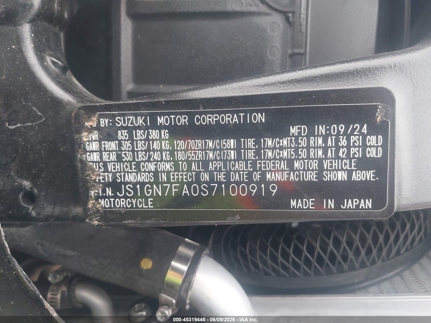 2025 Suzuki Gsx-R600 VIN: JS1GN7FA0S7100919 Lot: 45319446
