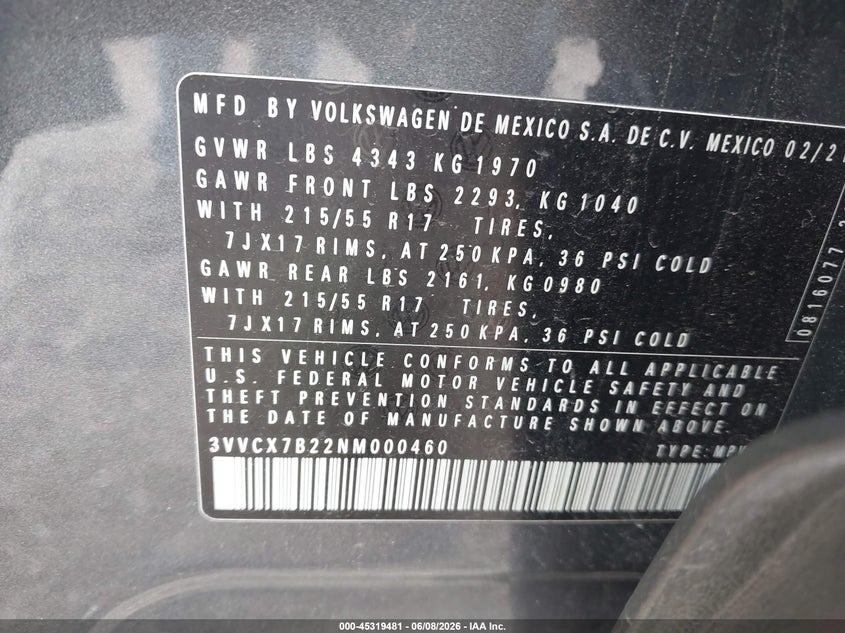2022 Volkswagen Taos 1.5T S VIN: 3VVCX7B22NM000460 Lot: 45319481