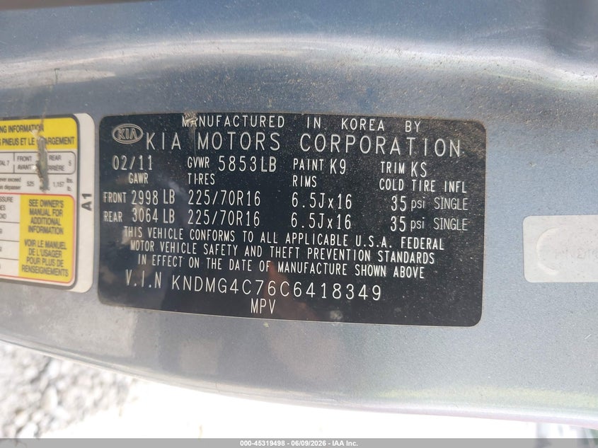 2012 Kia Sedona Lx VIN: KNDMG4C76C6418349 Lot: 45319498