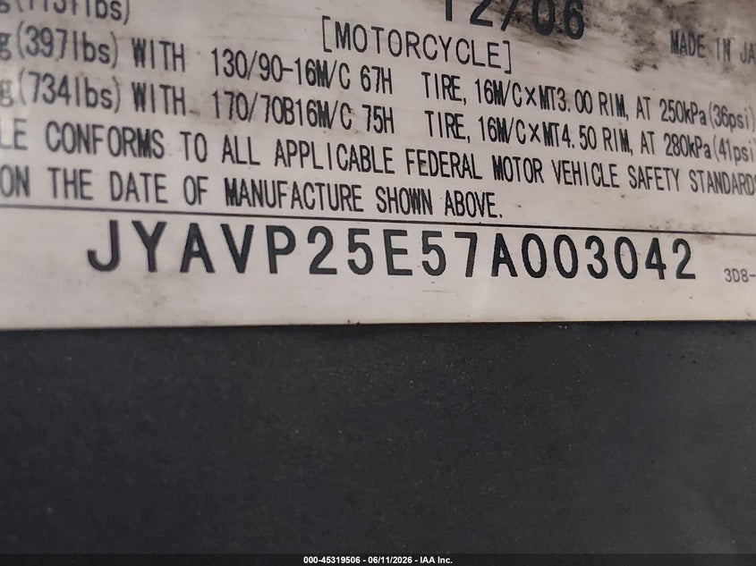 2007 Yamaha Xvs1300 Ct VIN: JYAVP25E57A003042 Lot: 45319506