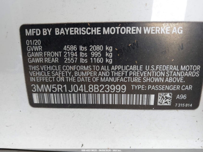 2020 BMW 330I VIN: 3MW5R1J04L8B23999 Lot: 45319525