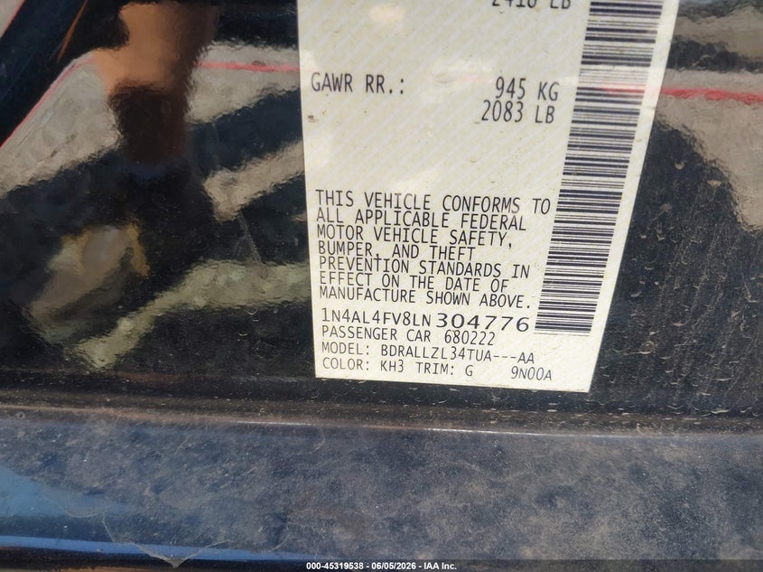 2020 Nissan Altima Platinum Vc-Turbo Fwd VIN: 1N4AL4FV8LN304776 Lot: 45319538