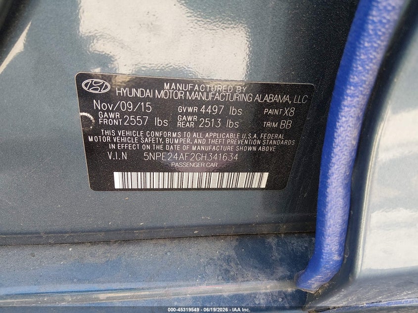 2016 HYUNDAI SONATA SEDAN 2.4L I-4 DI, DOHC, VVT, 185HP