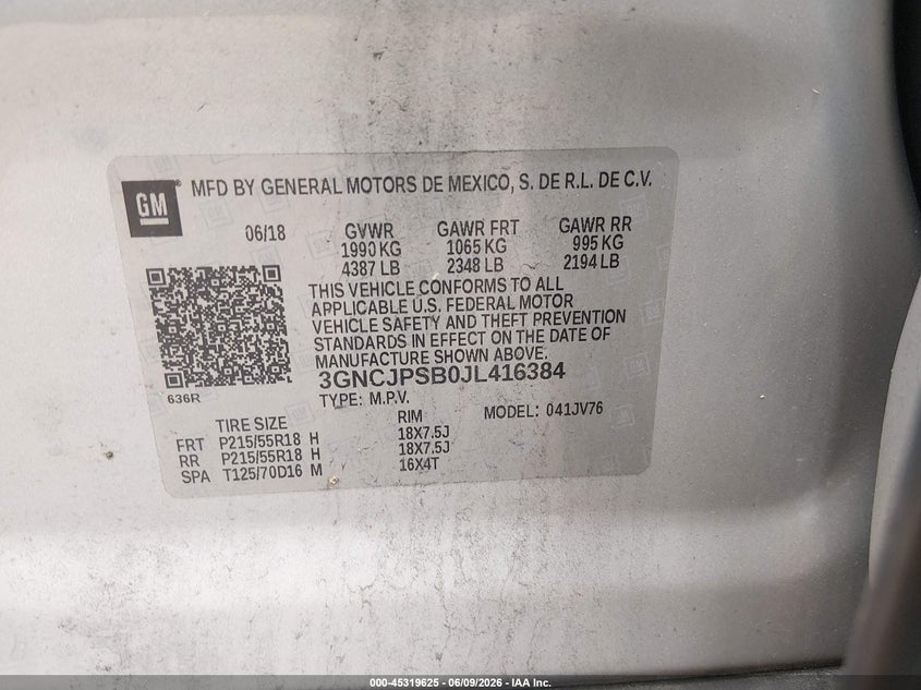 2018 CHEVROLET TRAX SPORT UTILITY VEHICLE 1.4L I-4 DOHC, VVT, TURBO, 138HP
