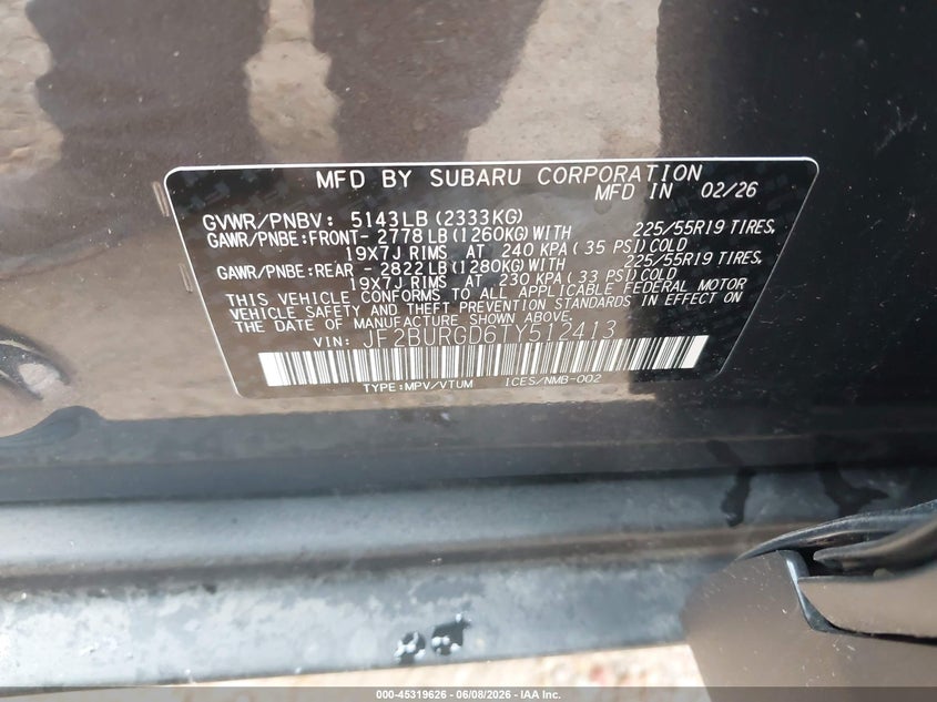 2026 SUBARU OUTBACK 2.4L H-4 DI, DOHC, V(VIN: JF2BURGD6TY512413