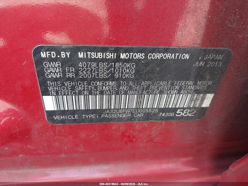 2014 Mitsubishi Lancer Gt VIN: JA32U8FW7EU005525 Lot: 45319643