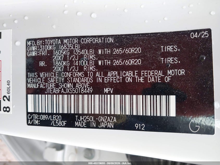 2025 Toyota Land Cruiser VIN: JTEABFAJXS5018449 Lot: 45319655